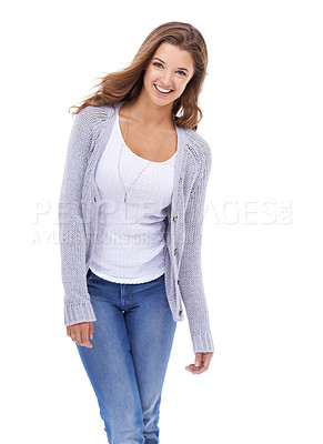 Buy stock photo Woman, positive attitude and style in studio portrait, smile and confidence for trendy fashion on white background. Female person, face and happy in casual outfit, satisfaction and laugh for humor
