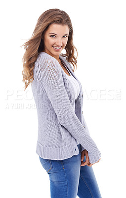 Buy stock photo Woman, wellness and fashion in studio portrait, smiling and confidence for casual outfit on white background. Female person, makeup and pride for beauty, satisfaction and positive attitude for glow