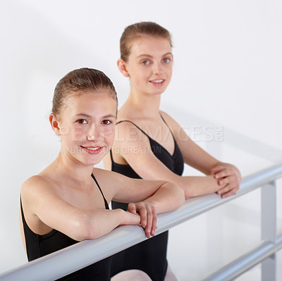 Buy stock photo Dancing, girls and portrait in class for ballet with fitness, happy or artistic performance routine. Dance studio, friends or creative practice in preparation for entertainment, training or rehearsal