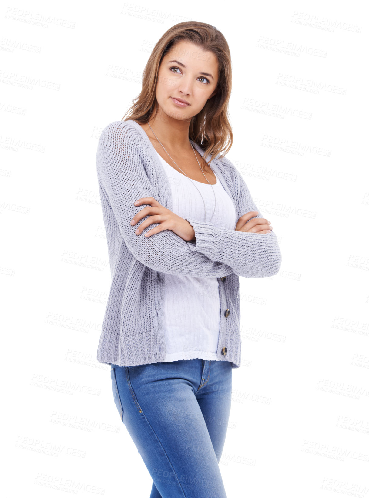 Buy stock photo Thinking, ideas and woman with arms crossed, questions and model isolated on a white studio background. Person, mockup space and girl with wonder, decision and confused with doubt, choice and why