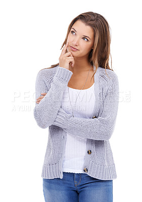 Buy stock photo Cropped shot of a gorgeous young woman isolated on white