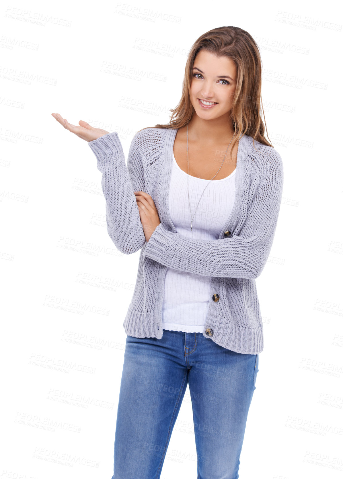 Buy stock photo Smile, portrait and woman with hand pointing in studio for announcement, news or checklist on white background. Information, face and female model show promotion, feedback or review, deal or platform