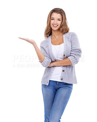 Buy stock photo Portrait, woman and hand with palm space in studio for announcement, news or offer on white background. Info, gesture and female model show promotion, feedback or review, deal or platform mockup
