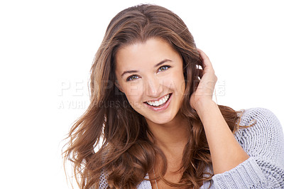 Buy stock photo Hair, portrait and happy woman in studio for beauty, treatment or shampoo results on white background. Haircare, smile and female model with conditioner, shine or texture, growth and satisfaction