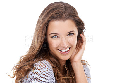Buy stock photo Portrait, hair and happy woman in studio for beauty, treatment or shampoo results on white background. Haircare, smile and female model with conditioner, shine or texture, growth and satisfaction