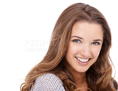 Buy stock photo Cropped shot of a gorgeous young woman isolated on white