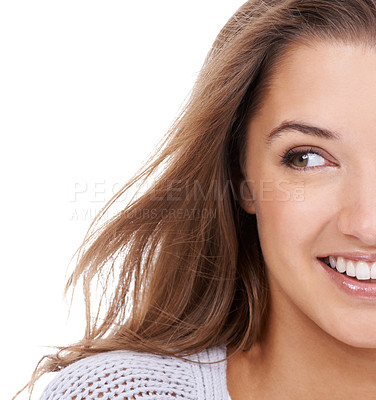 Buy stock photo Woman, wellness and cosmetics in studio, smiling and confidence for haircare on white background. Happy female person, makeup and pride for beauty, satisfaction and positive attitude on half face