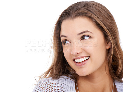 Buy stock photo Thinking, ideas and woman with smile, questions and model isolated on a white studio background. Person, mockup space and girl with wonder, decision and excited with solution, choice or joy with why