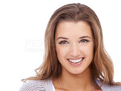 Buy stock photo Portrait, makeup and happy woman in studio for wellness, treatment and cosmetics on white background. Beauty, smile and face of female model with glowing skin, dermatology and posing with confidence 