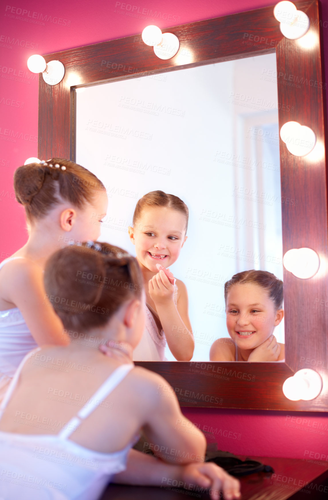 Buy stock photo Children, backstage and dancer in mirror with light after theater, performance and excited from ballet. Students, behind the scenes and reflection of kids in frame with happiness for production