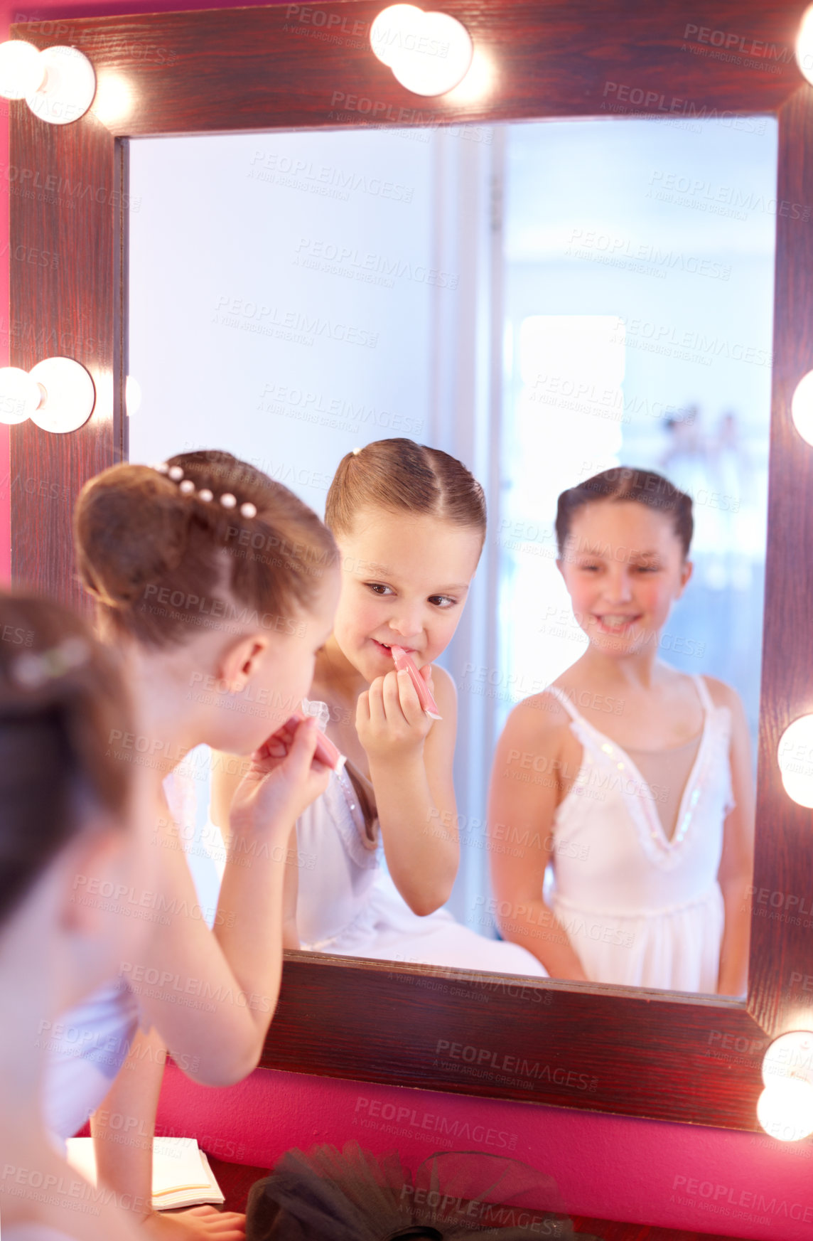 Buy stock photo Girls, backstage and dancer in mirror with makeup for theatre, performance and excited for ballet. Students, behind the scenes or reflection of kids in frame with lipstick, cosmetics or production