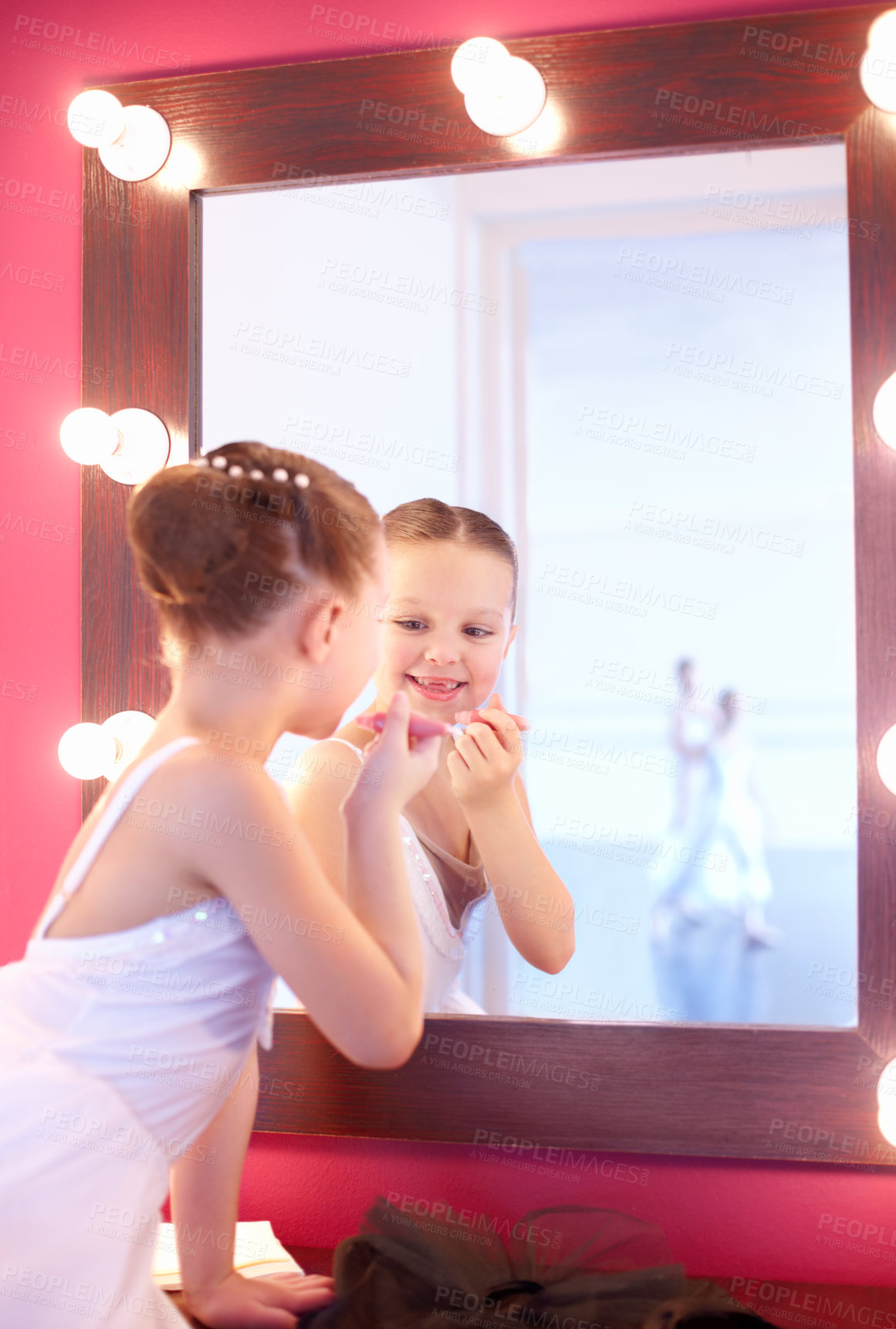Buy stock photo Child, backstage and mirror with makeup for ballet, theatre and excited dancer for performance. Girl, behind the scenes and reflection of student in frame with lipstick, cosmetics or production