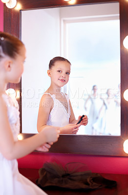 Buy stock photo Girl, dancer and happy in mirror with ballet for rehearsal, practice or getting ready at art academy or studio. Creative, artist and makeup in class for cosmetics and performance with reflection