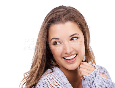 Buy stock photo Happy woman, face and natural beauty with hair, cosmetics and dermatology with keratin treatment on white background. Skincare, shine and wellness with hairstyle, glow and haircare in studio