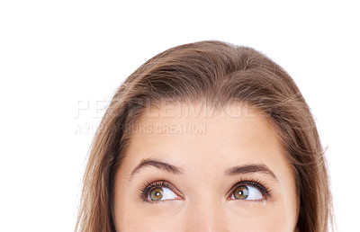 Buy stock photo Thinking, eyes and woman closeup in studio for brainstorming, idea or solution on white background. Looking up, curious or female model with why, questions or planning emoji, problem solving or guess