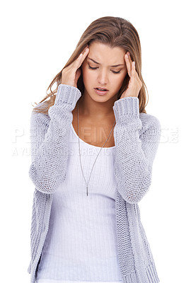 Buy stock photo Pain, headache and woman in studio with stress, challenge and fatigue of mental health on white background. Frustrated model with anxiety, brain fog and tired of migraine, vertigo and wrong mistake 