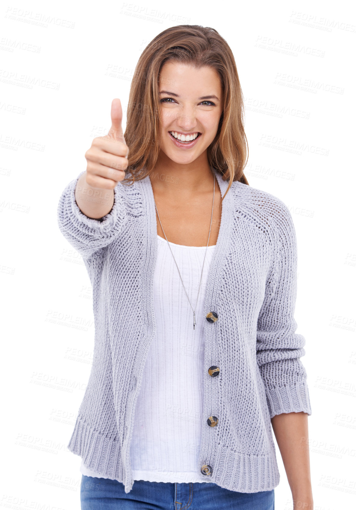 Buy stock photo Thumbs up, woman or portrait in studio for success, celebrate achievement or deal on white background. Happy model, emoji or vote for winner, yes feedback and thank you for excellence, review or like