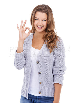 Buy stock photo Ok, sign and portrait of woman in studio for vote, certified news and feedback on white background. Happy model, yes emoji and agreement of success, support and icon of excellence, review and like