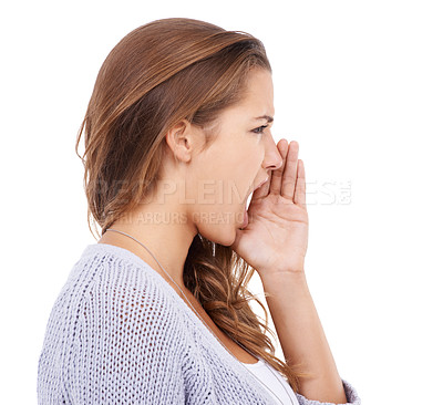 Buy stock photo Hand, secret and woman in studio with screaming, gesture or announcement noise on white background. Gossip, drama or shouting female model profile with word of mouth emoji, sign or sharing info