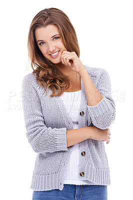 Buy stock photo Thinking, ideas and woman with smile, portrait and problem solving isolated on white studio background. Person, mockup space and girl with wonder, decision and happiness with solution, choice and joy