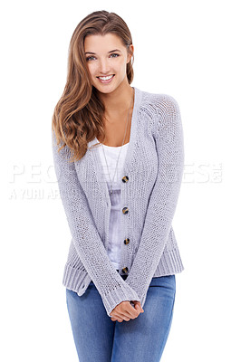Buy stock photo Fashion, portrait and shy woman in studio with winter, clothes and cute, personality or expression on white background. Style, face or female model smile while posing in trendy, fashionable or outfit