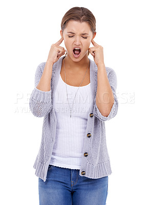 Buy stock photo stress, noise or woman screaming with fingers in ears in studio for volume, sensitive or stop on white background. Anxiety, fear or lady model with panic gesture, sound or frustrated by tinnitus