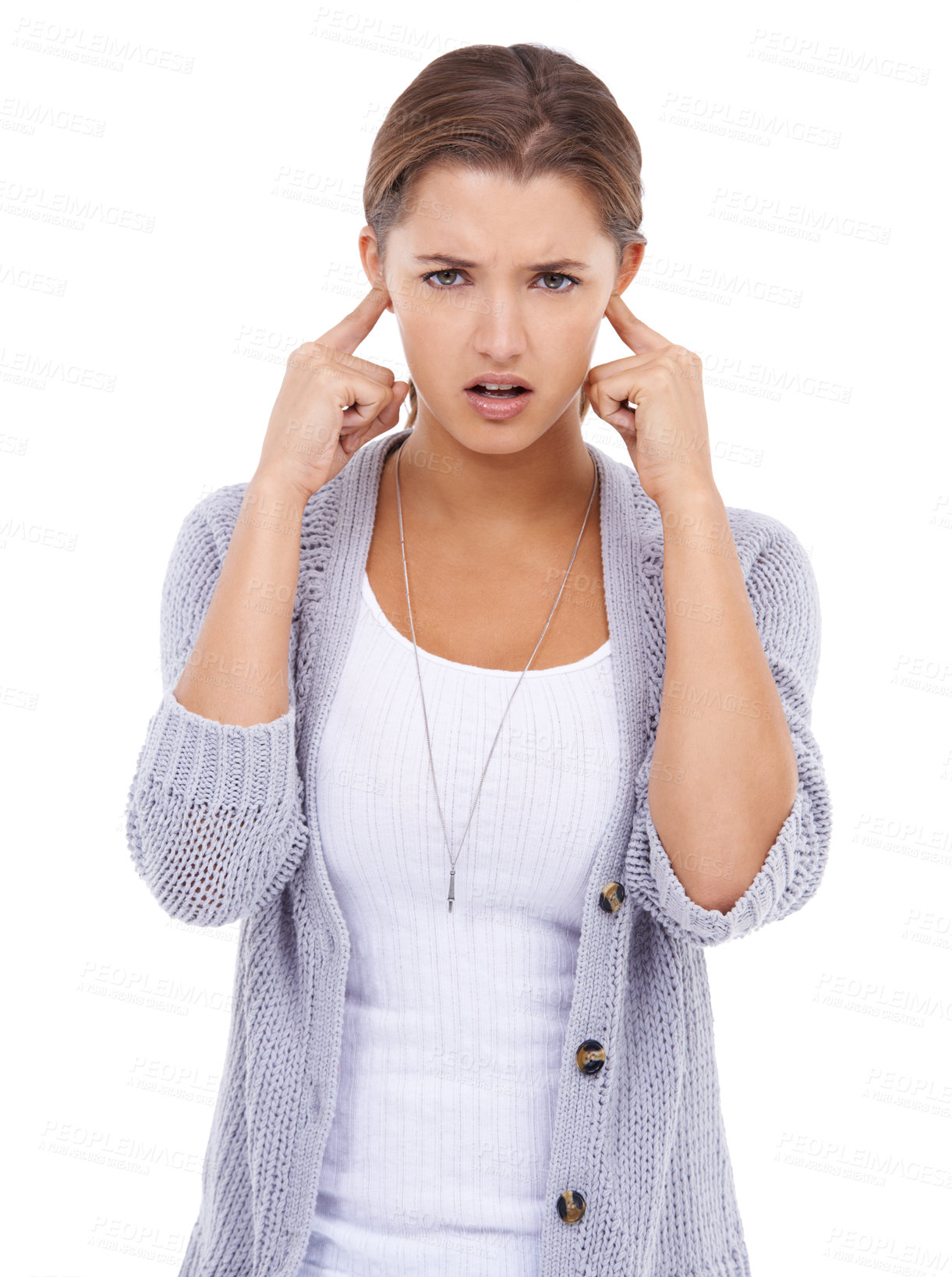 Buy stock photo Noise, portrait or woman with fingers in ears in studio for volume control, sensitive or block on white background. Annoyed, stop or model with not listening gesture, sound or frustrated by tinnitus