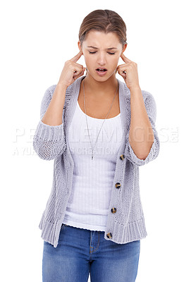 Buy stock photo Noise, loud or woman with fingers in ears in studio for volume control, sensitive or block on white background. Annoyed, stop or lady model with not listening gesture, sound or frustrated by tinnitus
