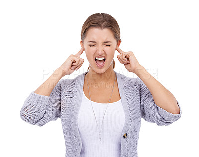 Buy stock photo Fingers in ears, stress and screaming woman in studio for noise, volume or sensitive on white background. Anxiety, fear and female model with panic attack, gesture or frustrated by tinnitus disaster