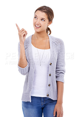 Buy stock photo News, woman and hand pointing in studio to fashion promotion, info or mockup on white background. Announcement, smile and female model show sale, deal or clothing offer, discount and platform space