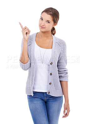 Buy stock photo Fashion, portrait and woman with hand pointing in studio for discount, sale or offer on white background. Announcement, face and female model show deal, giveaway or shopping promotion or information