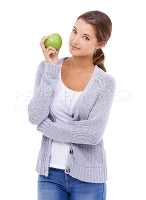 Buy stock photo Woman, portrait and apple for fiber in studio, organic snack and fruit for wellness. Female person, vitamins and minerals for healthy living, nutrition and vegan food on white background for detox