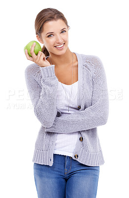 Buy stock photo Woman, portrait and apple for detox in studio, organic fiber and fruit for wellness. Female person, vitamins and minerals for healthy living, snack and vegan food on white background for nutrition