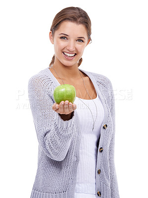 Buy stock photo Woman, portrait and apple in hand, nutrition and health with snack, diet for weight loss and clean eating on white background. Healthy food, wellness and fruit, vegan and organic with smile in studio
