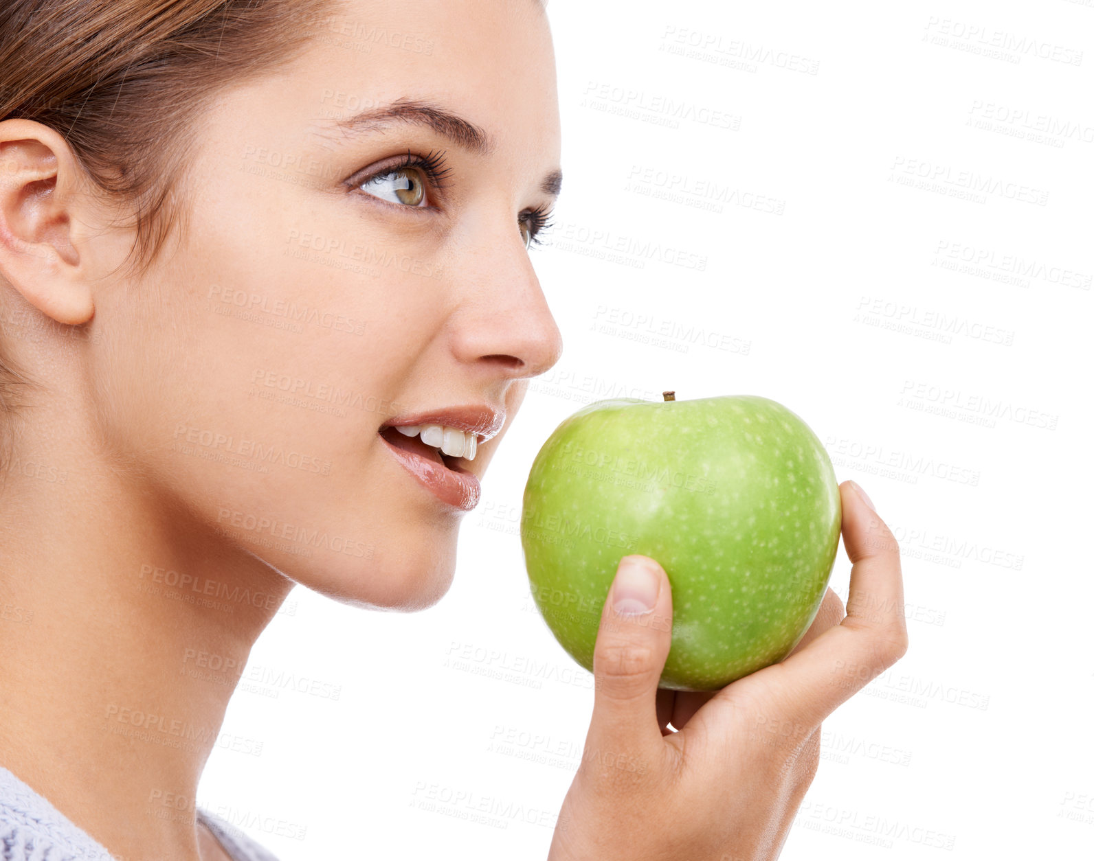 Buy stock photo A young woman holding an apple - isolated