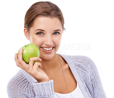 Buy stock photo Woman, portrait and apple, nutrition and gut health with snack, happy with diet for weight loss on white background. Healthy food, wellness and green fruit, vegan and organic with smile in studio