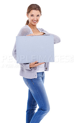 Buy stock photo Poster, mockup and portrait of woman with board, broadcast space or advertising promotion in studio on white background. Happy model, presentation and sign for feedback, offer or information about us