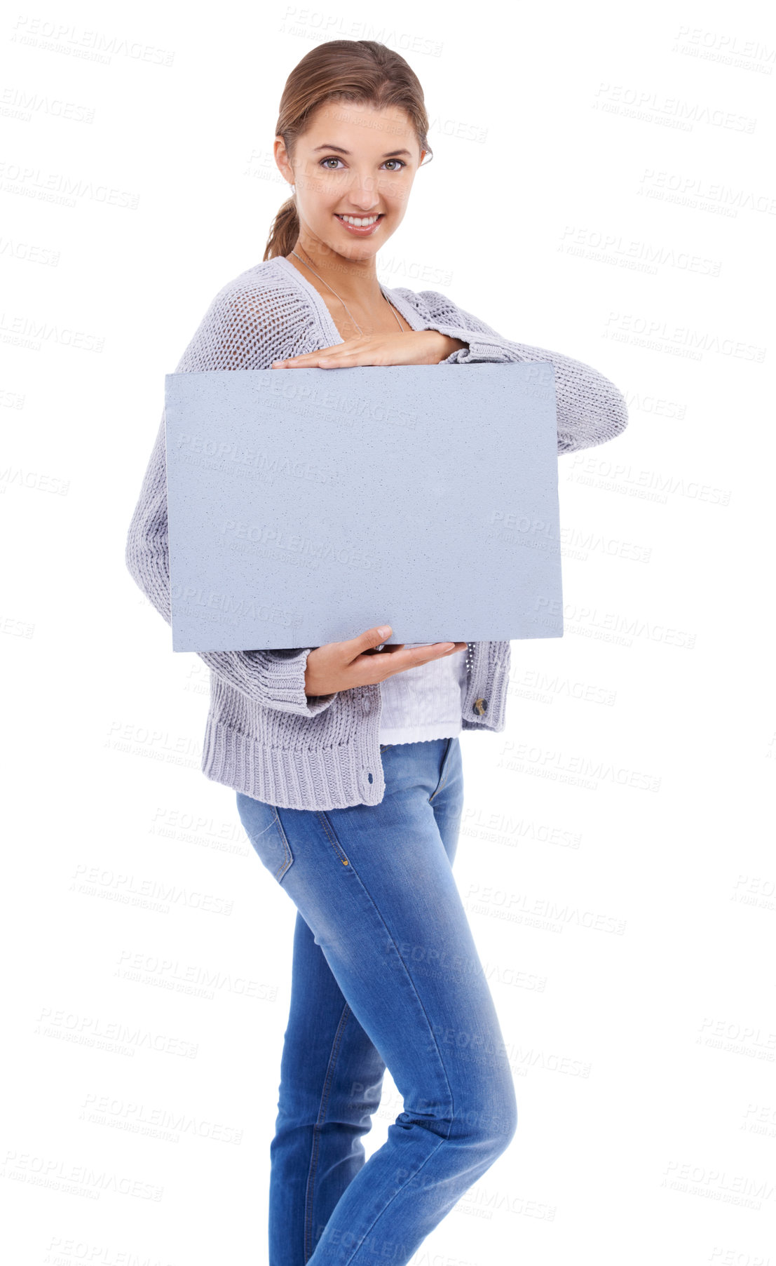 Buy stock photo Poster, mockup and portrait of woman with board, broadcast space or advertising promotion in studio on white background. Happy model, presentation and sign for feedback, offer or information about us