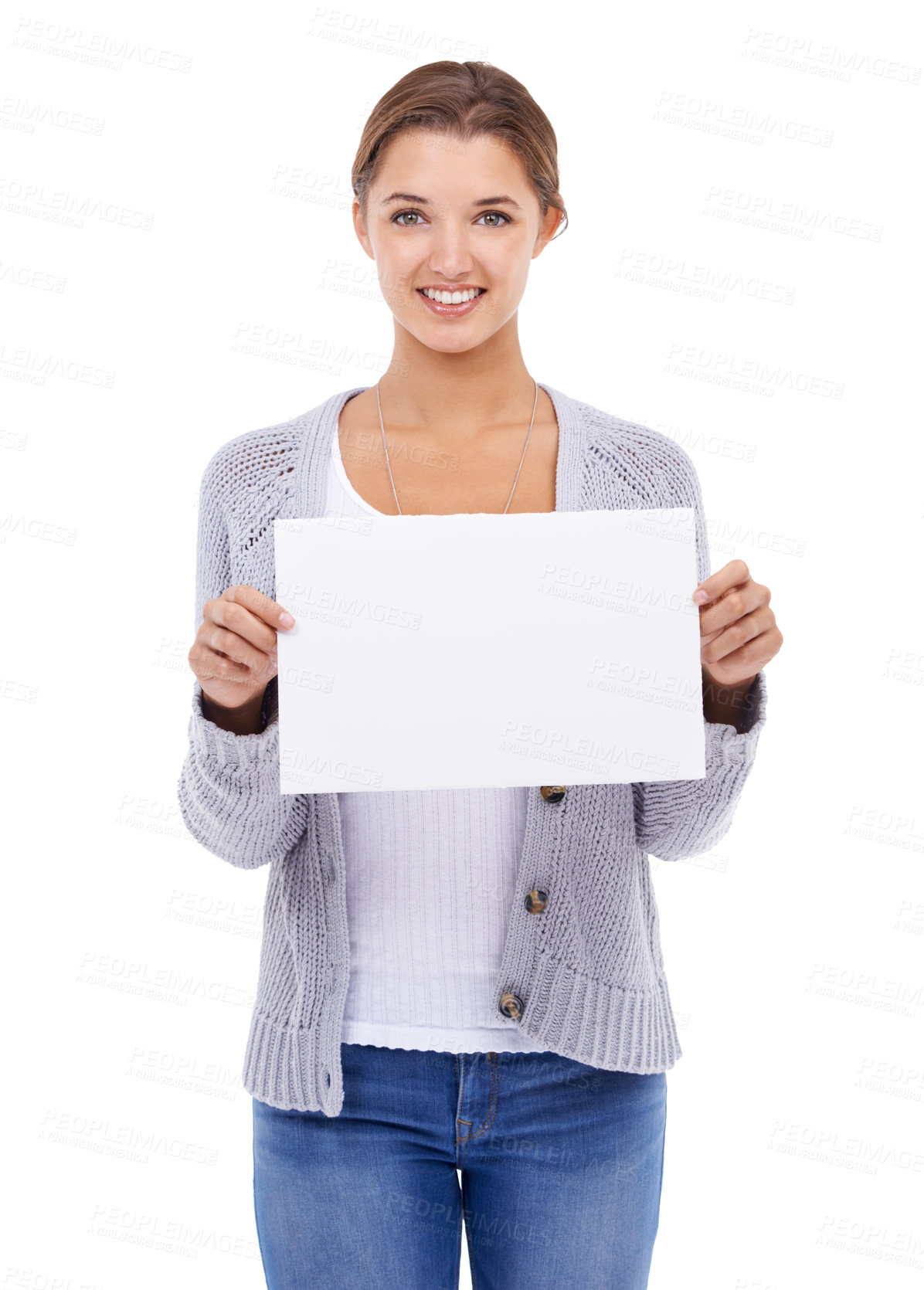 Buy stock photo Mockup, poster or portrait of woman with sign, broadcast space or advertising promotion in studio on white background. Happy model, presentation or paper board of feedback, offer or launch commercial