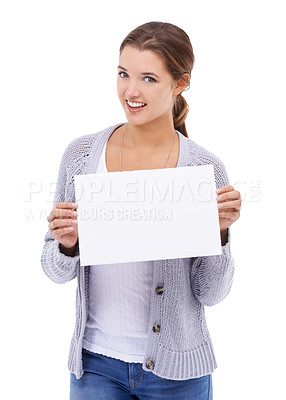 Buy stock photo Portrait, woman or presentation of mockup, poster or advertising sign, broadcast deal or commercial in studio on white background. Happy model, paper board or feedback to launch promotion coming soon