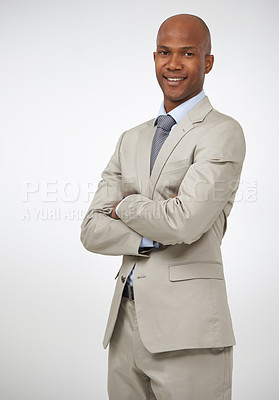 Buy stock photo Portrait, entrepreneur and black man with arms crossed, employee and worker isolated on white studio background. African person, model or consultant with a suit, startup or accountant with confidence