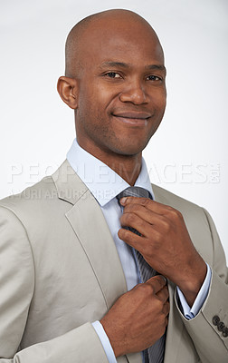 Buy stock photo Portrait, tie and business with black man, employee and confident guy on a white studio background. Face, African person and model with startup, career and suit with entrepreneur, worker and lawyer