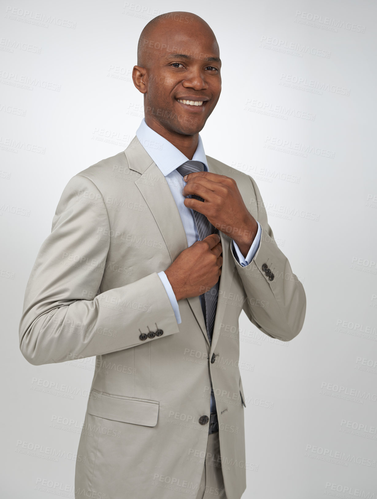 Buy stock photo Portrait, fashion and business with black man, employee and confident guy on a white studio background. Face, African person and model with startup, career and tie with entrepreneur, smile or worker