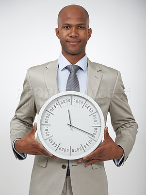 Buy stock photo Businessman, portrait and clock time for corporate professional lawyer for work deadline, hurry or punctual. Black person, face and white background in studio for company efficient, hour or mockup