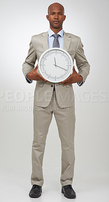 Buy stock photo Businessman, portrait and clock for deadline as professional lawyer for schedule, hurry or punctual. Black person, face and time or white background in studio or company job efficient, hour or mockup