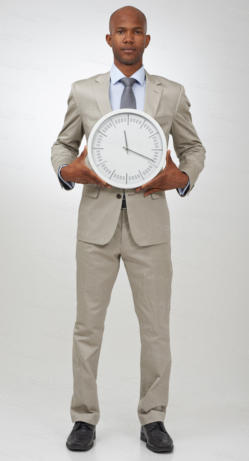 Buy stock photo Businessman, portrait and clock for deadline as professional lawyer for schedule, hurry or punctual. Black person, face and time or white background in studio or company job efficient, hour or mockup