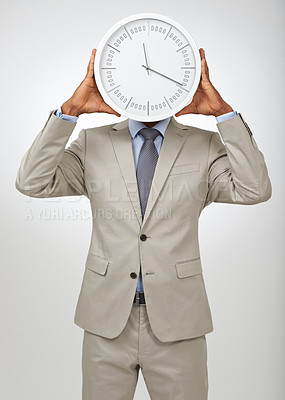 Buy stock photo Person, face and business or clock for deadline as law attorney for corporate overtime, punctual or hurry. Employee, hands and white background in studio as mockup for hour schedule, pressure or late