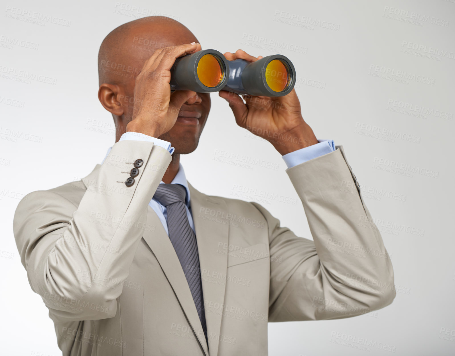 Buy stock photo Businessman, binoculars and job or search opportunity for employment, professional or white background. Male person, looking and future goals or growth at company in studio, career or mockup space