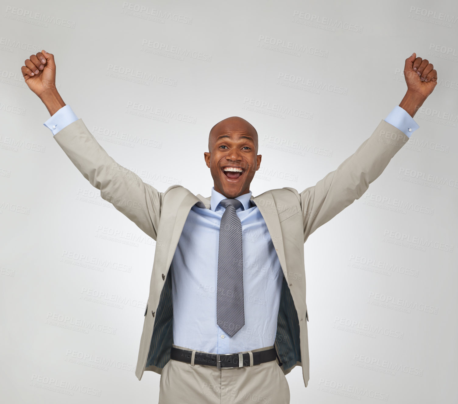 Buy stock photo Portrait, business and black man with celebration, cheering and consultant on white studio background. African person, worker or employee with a smile, achievement or energy with winner, deal and wow