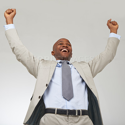 Buy stock photo Black man, cheering and employee with celebration, winner and worker on a white studio background. African person, model and entrepreneur with a bonus, prize and giveaway with success and b2b deal